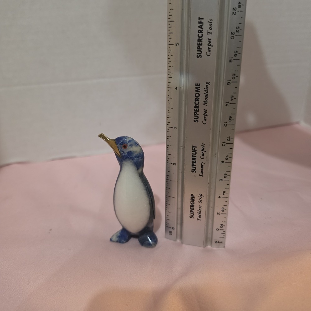 Carved Lapis Lazuli Penguin Figurine with White Onyx Belly and Brass Beak 2.1" - Picture 4 of 9
